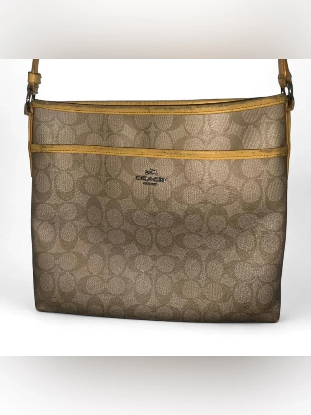 Coach Khaki and Yellow Trim Signature Crossbody Bag - Picture 2 of 5